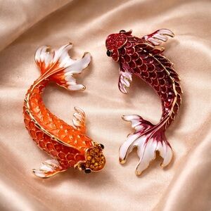 Koi Fish Maroon Red &Orange Gold Enamel Brooch Set– Symbol of Luck & Prosperity